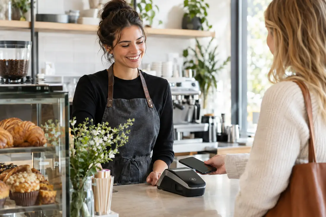 Coffee shop customer tapping to pay