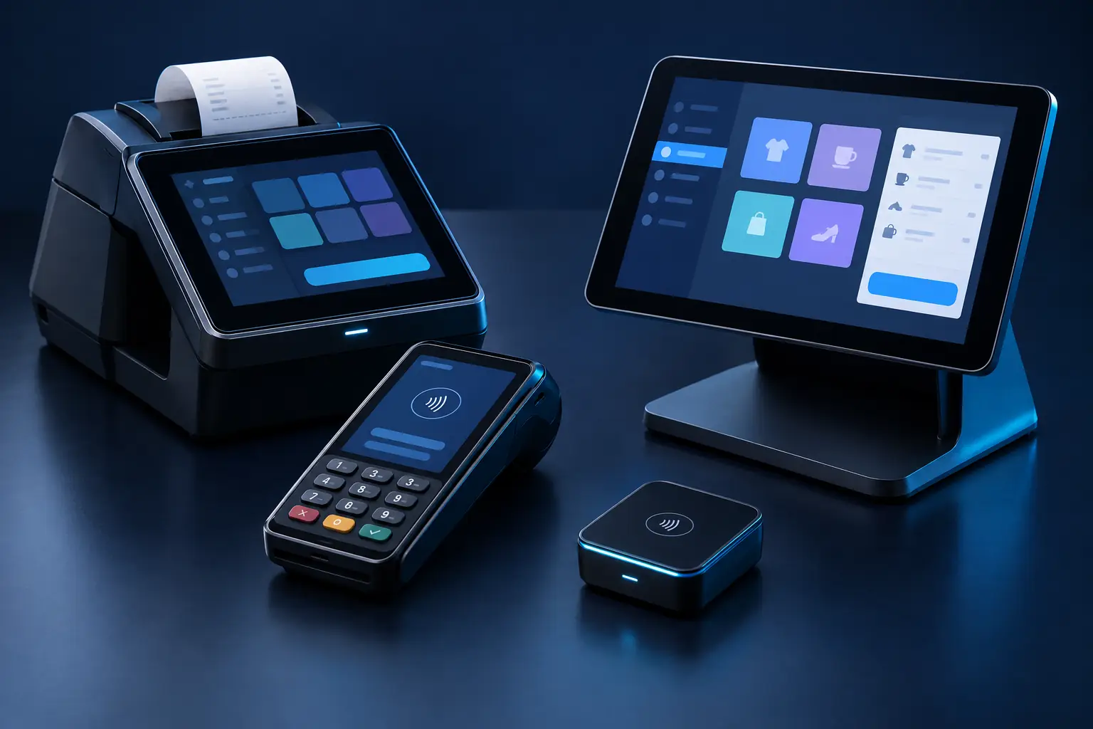 Countertop POS terminal, wireless handheld, card reader, and tablet POS station