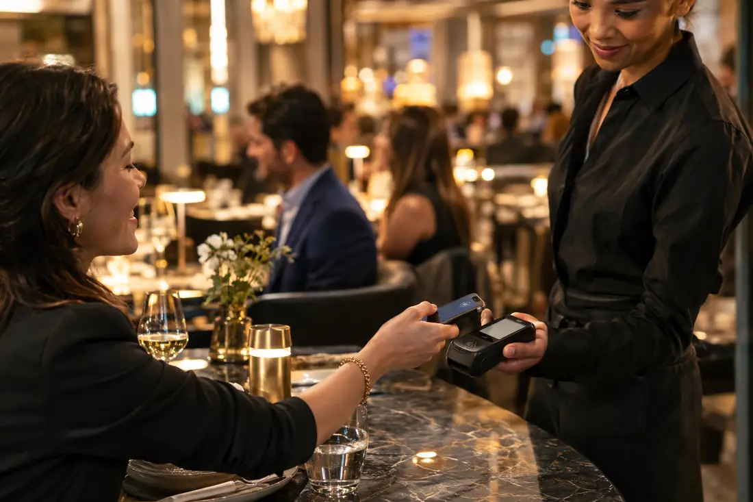 Server taking a contactless payment at a restaurant table