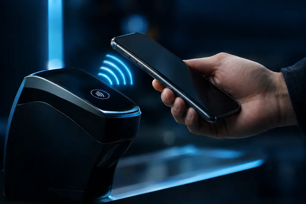 Customer paying with a phone at a contactless terminal